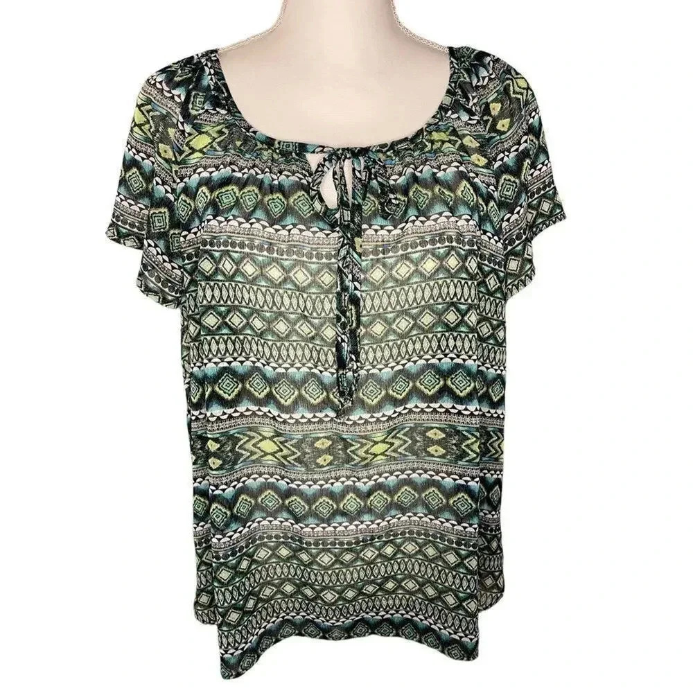 New York And Company Women’s Large Tribal Print Shirt Sleeved Blouse with Tie